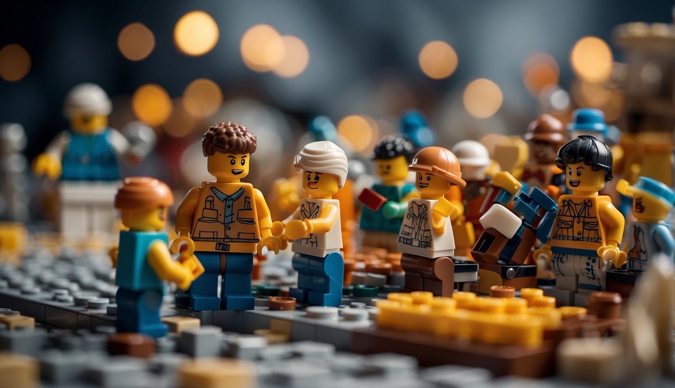A group of people are working together to build a large structure using colorful Lego bricks. They are communicating and collaborating to create a cohesive design