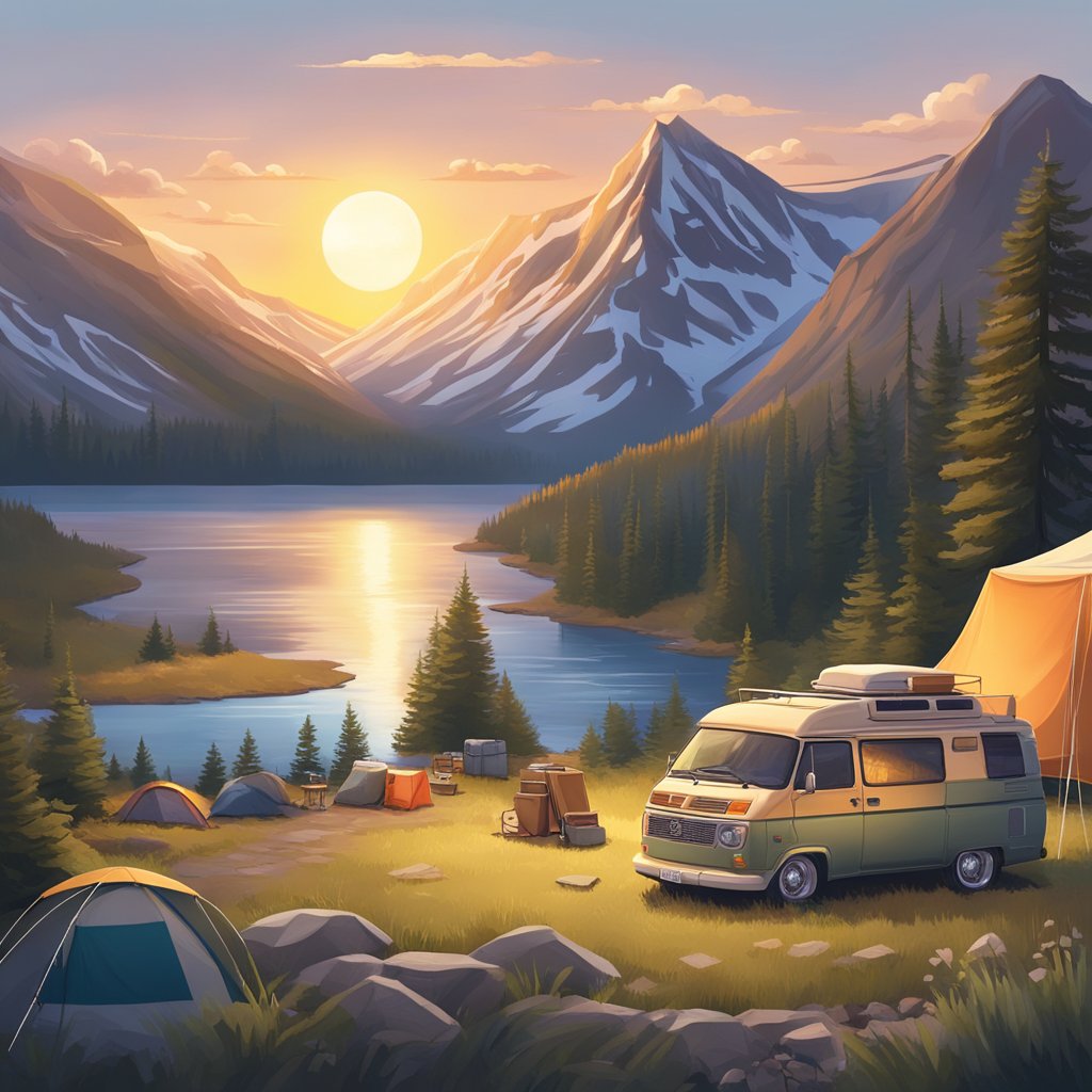 A campervan parked in a scenic location, surrounded by camping gear and personalized gifts. The sun is setting in the background, casting a warm glow over the scene