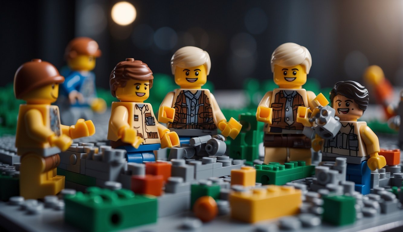 A group of people construct a large Lego structure together, smiling and collaborating