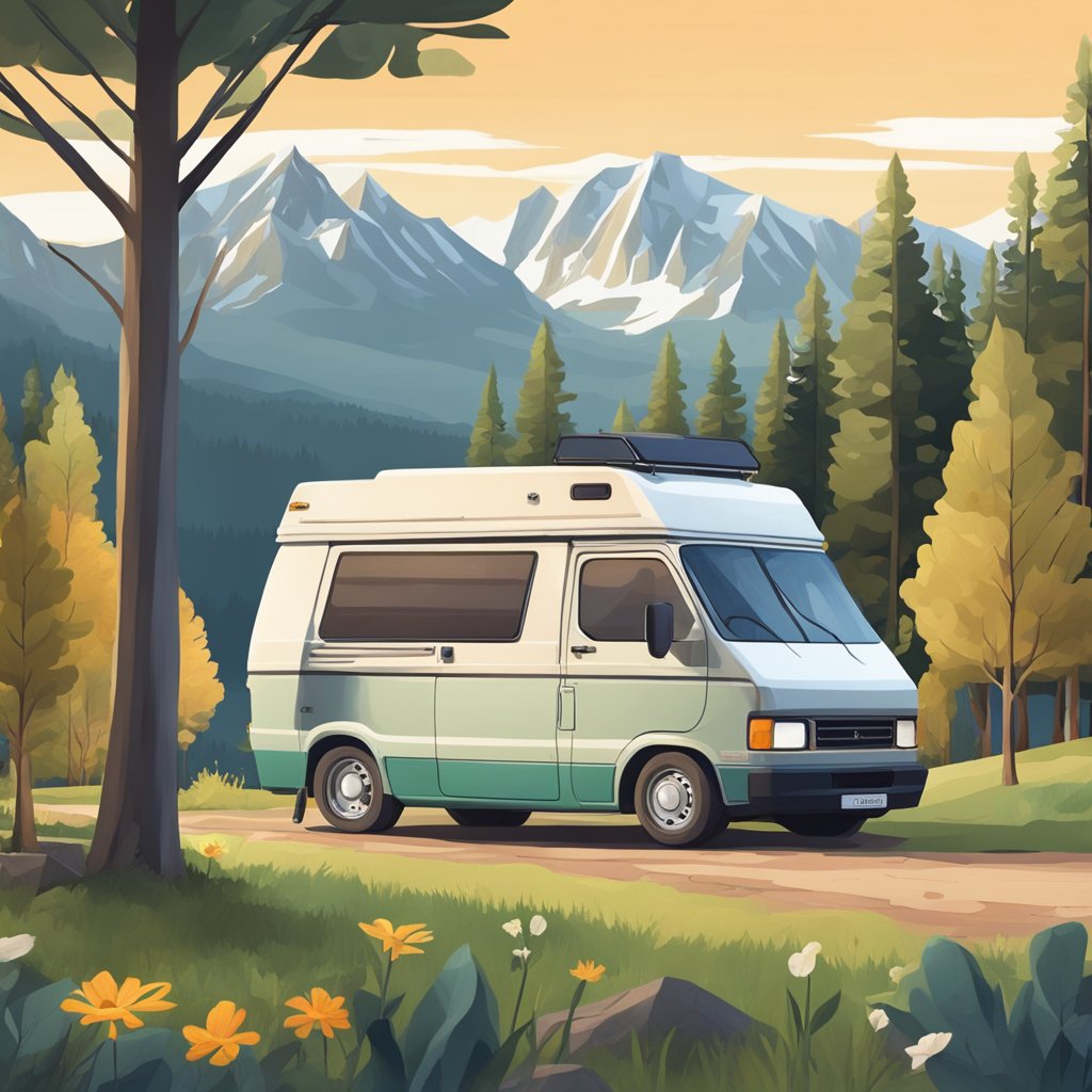 A campervan parked in a serene natural setting, surrounded by trees and mountains. Solar panels on the roof and a composting toilet nearby demonstrate sustainable living