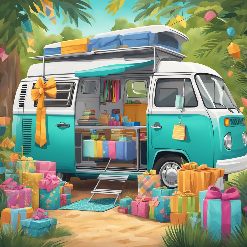 A campervan surrounded by various gift items and a sign displaying "Frequently Asked Questions campervan gifts" in a vibrant, outdoor setting