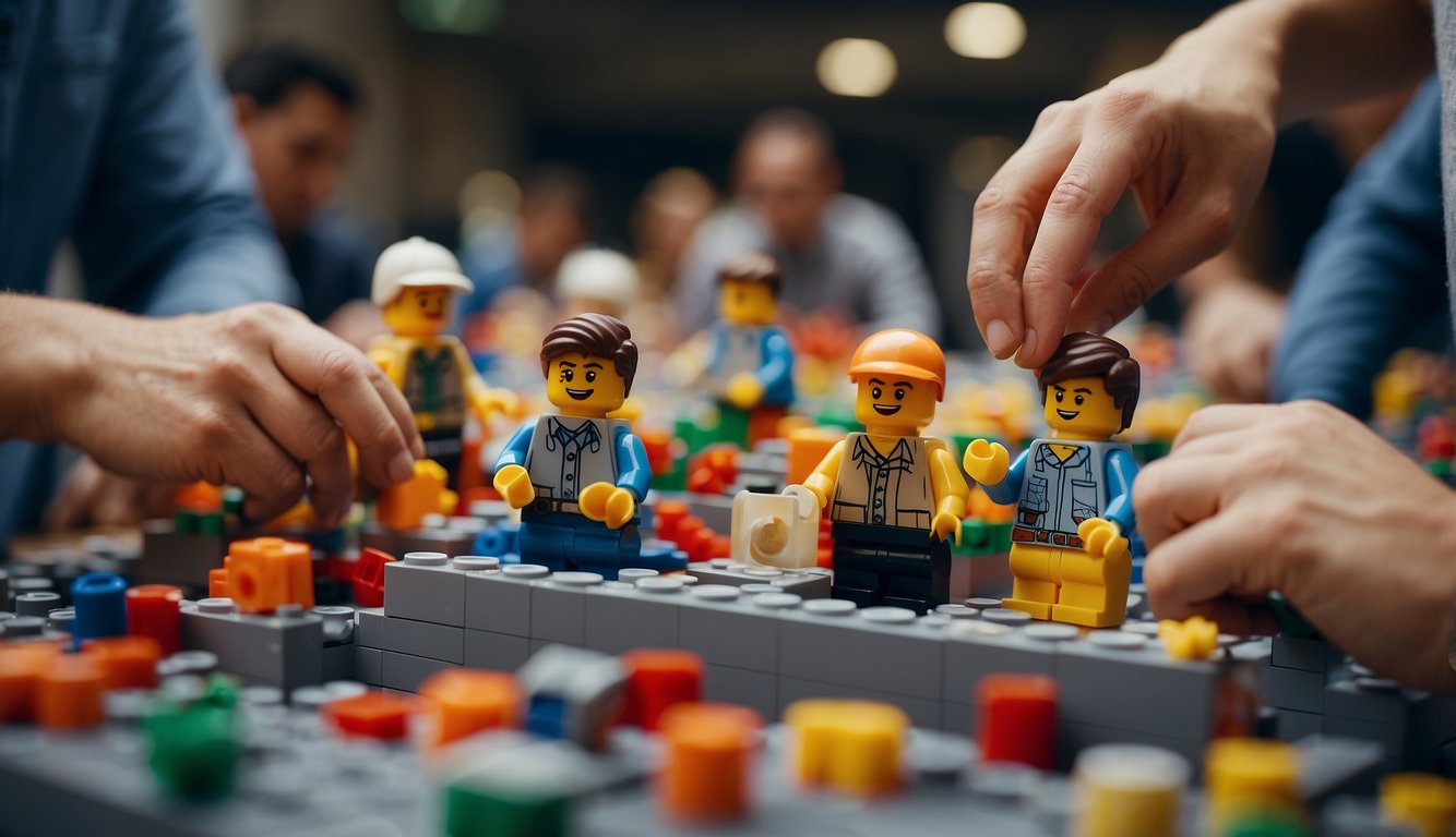 A group of people building various structures with colorful Lego bricks in a collaborative team-building activity