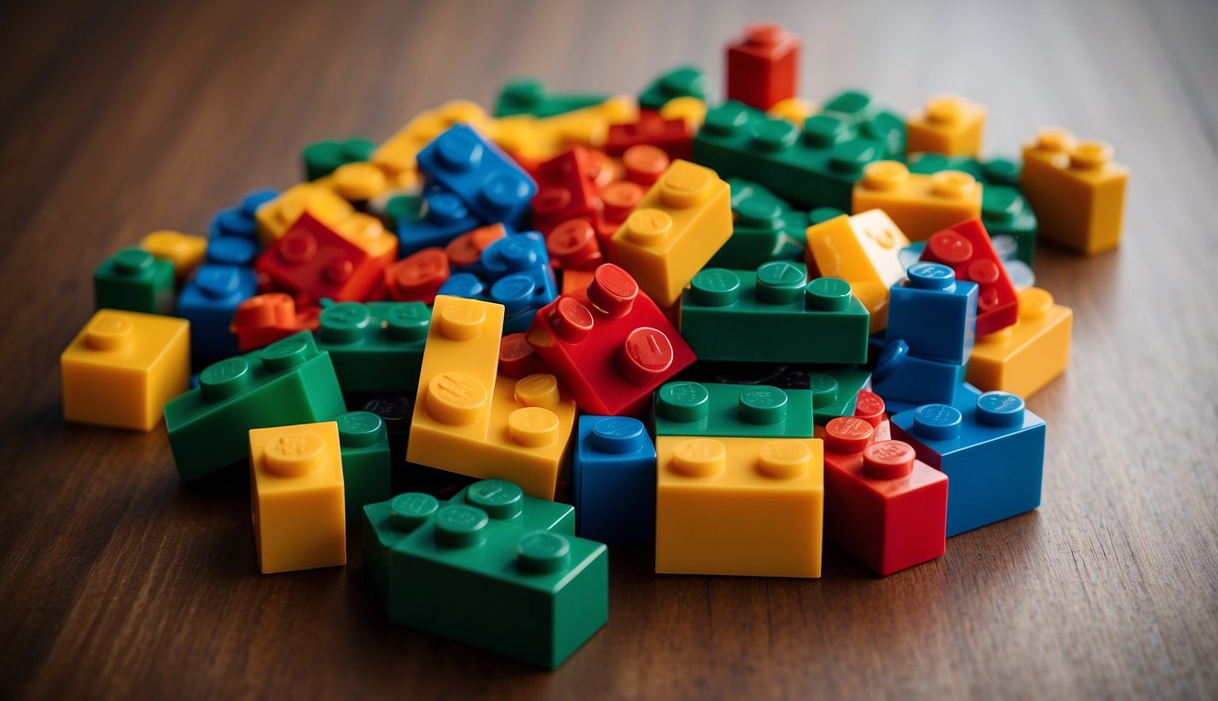A group of Lego pieces arranged in a circle, with different colored blocks representing a virtual team building activity