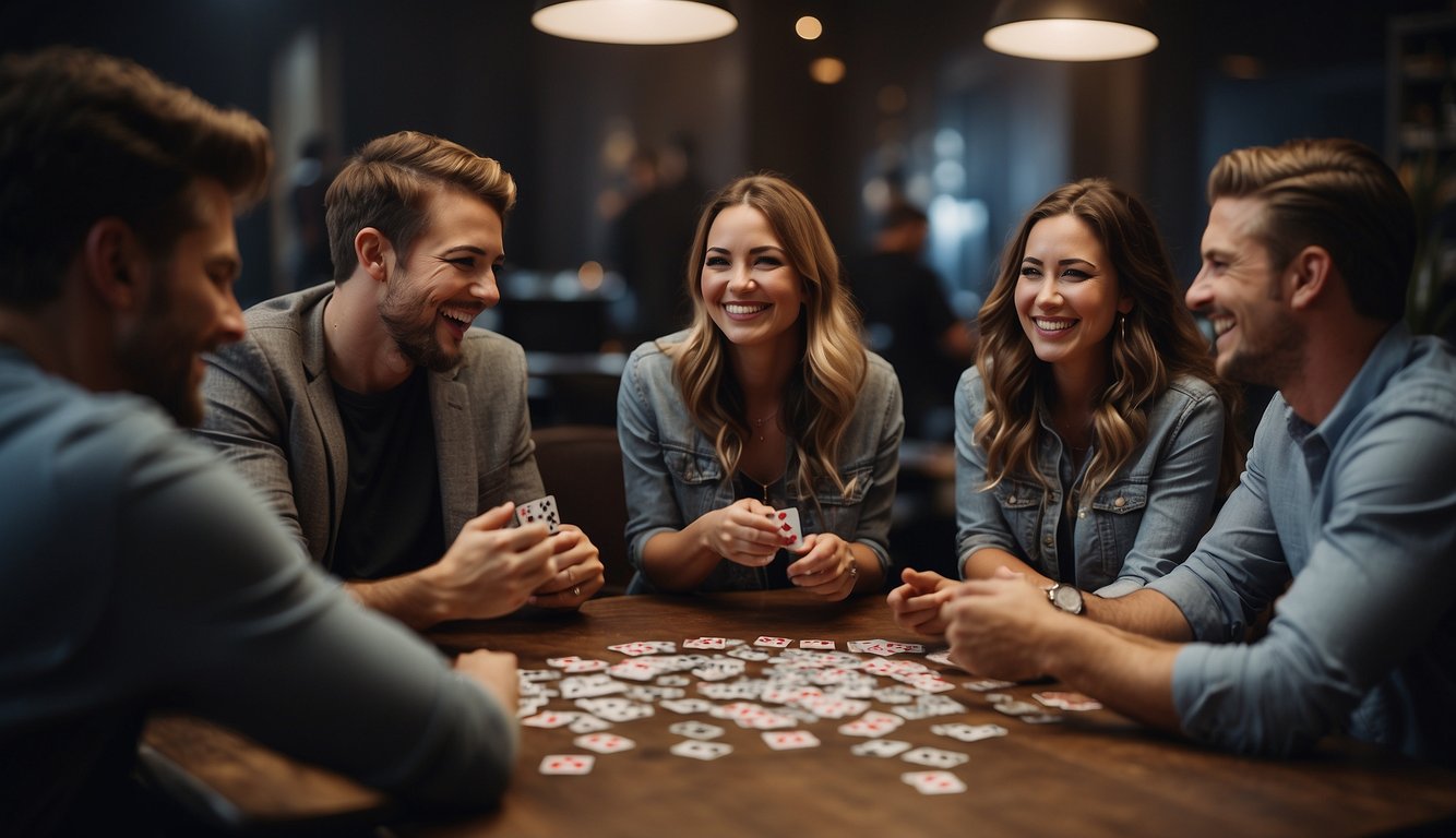 A group of people sit in a circle, playing card games and laughing together, as they engage in team building activities