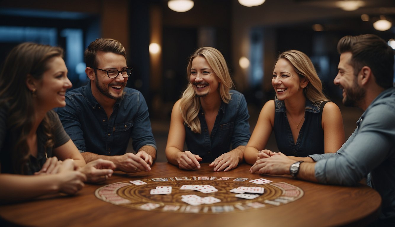 A group of people sit in a circle, playing card games. Laughter and friendly competition fill the air as they work together to build stronger team bonds