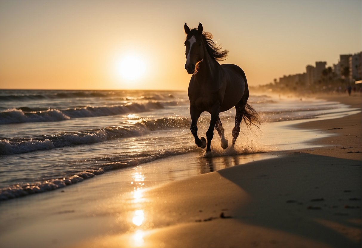 a horse trots along the shoreline kicking up sand as it moves