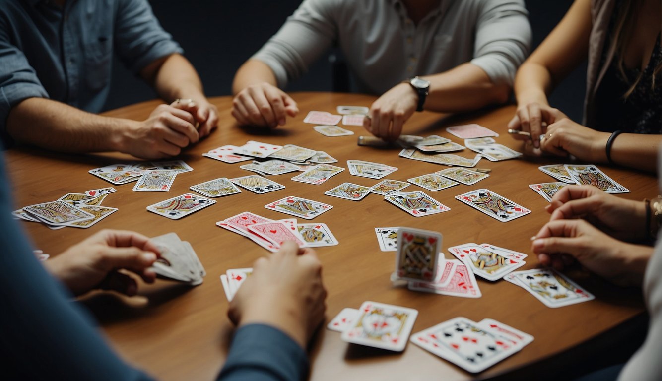 A group of people sit in a circle, playing card games, laughing and strategizing. The cards are spread out on the table as they engage in team building activities