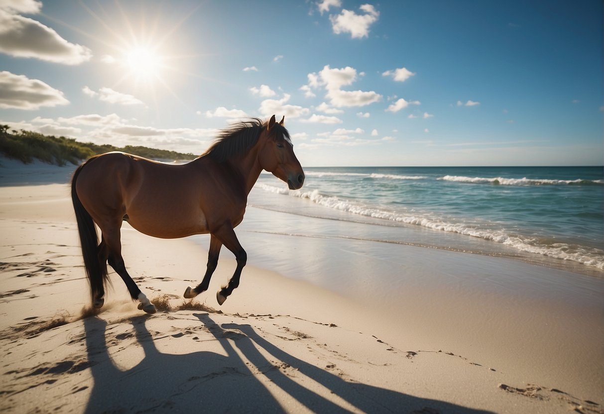a horse trots along the sandy beach in florida with the clear blue ocean in the background