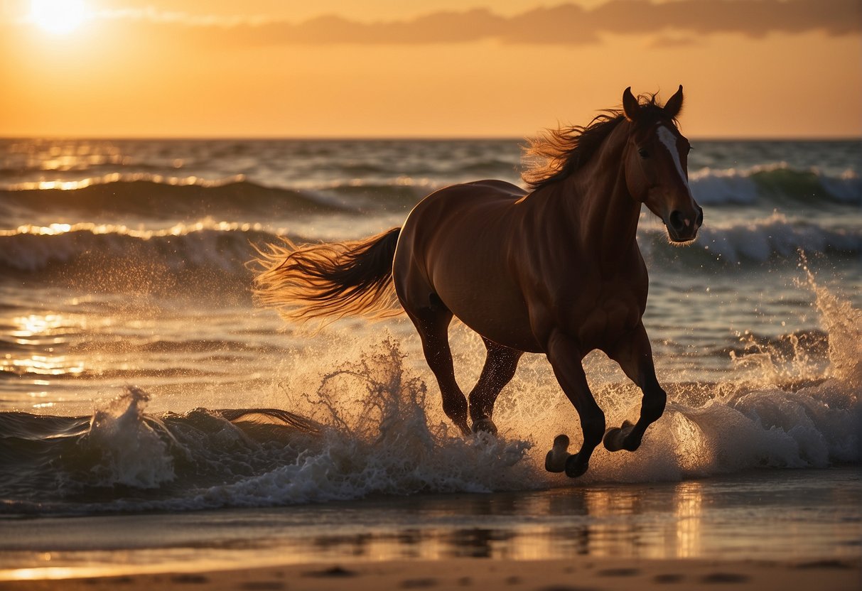 a horse trots along a sandy florida beach