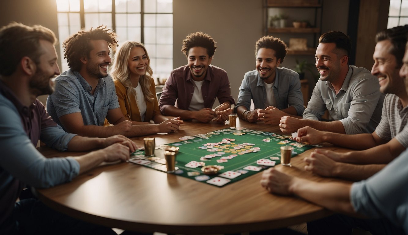 A group of people sit around a table, engaged in a lively card game. Smiles and laughter fill the air as they strategize and collaborate to achieve their team-building goals