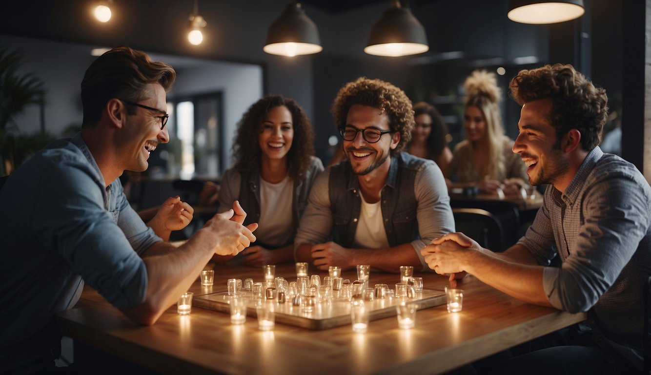A group of people gather around a table, engaged in lively conversation while playing team building trivia games. Laughter and excitement fill the room as they work together to answer questions and bond as a team