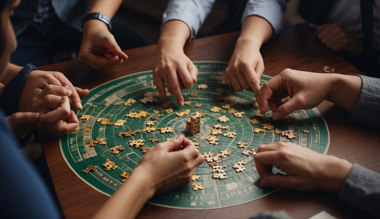 A group solving puzzles together in a circle, with various brain teasers and games scattered around them