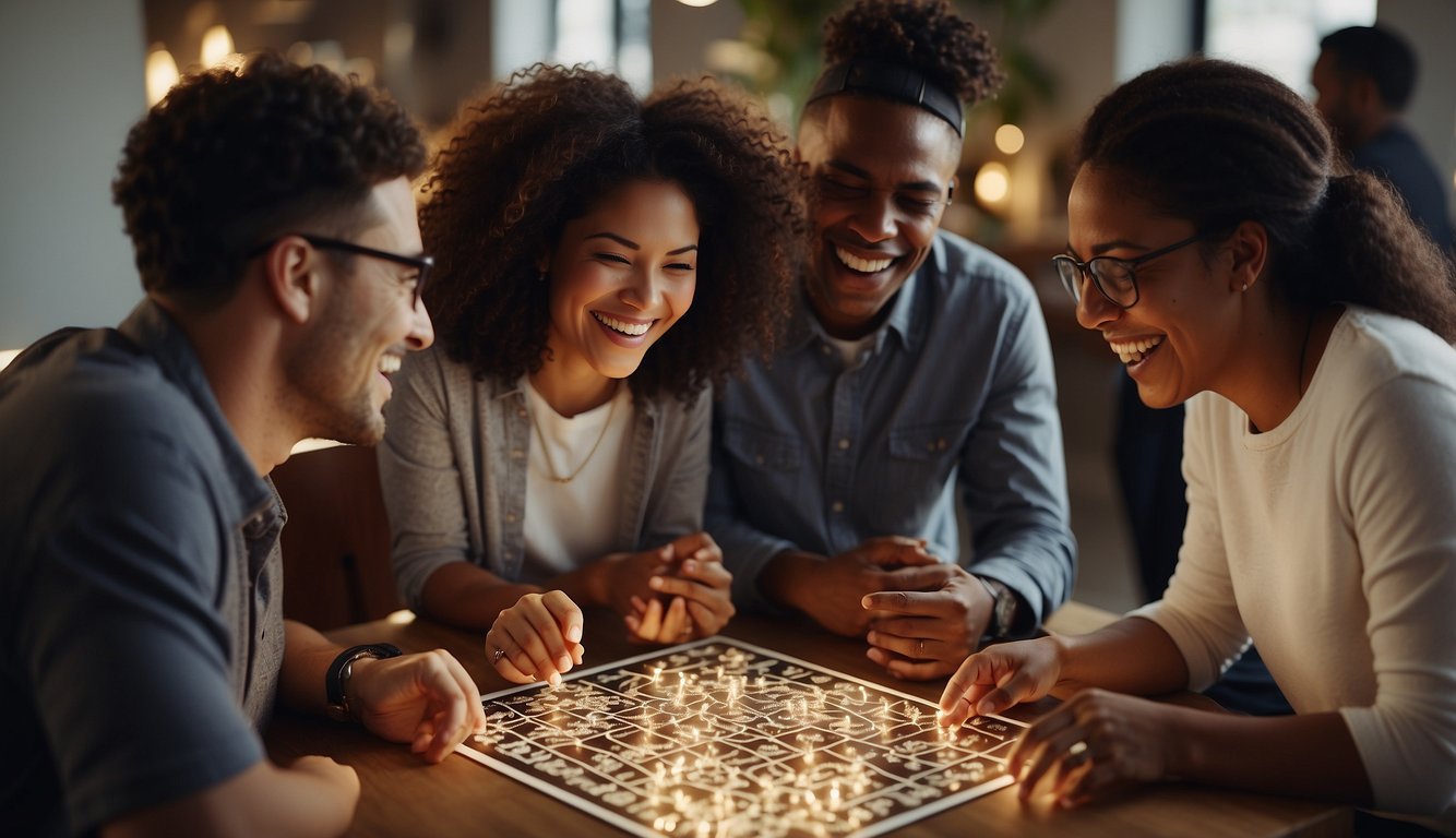 A group of diverse individuals solve puzzles together, laughing and sharing ideas in a collaborative and engaging environment