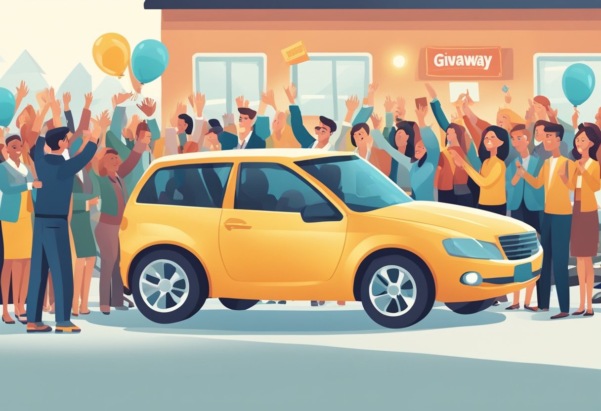A car giveaway business is depicted with a person holding a key, standing next to a shiny car with a "Giveaway" sign. A crowd of excited people surrounds the car, eagerly waiting for the winner to be announced
