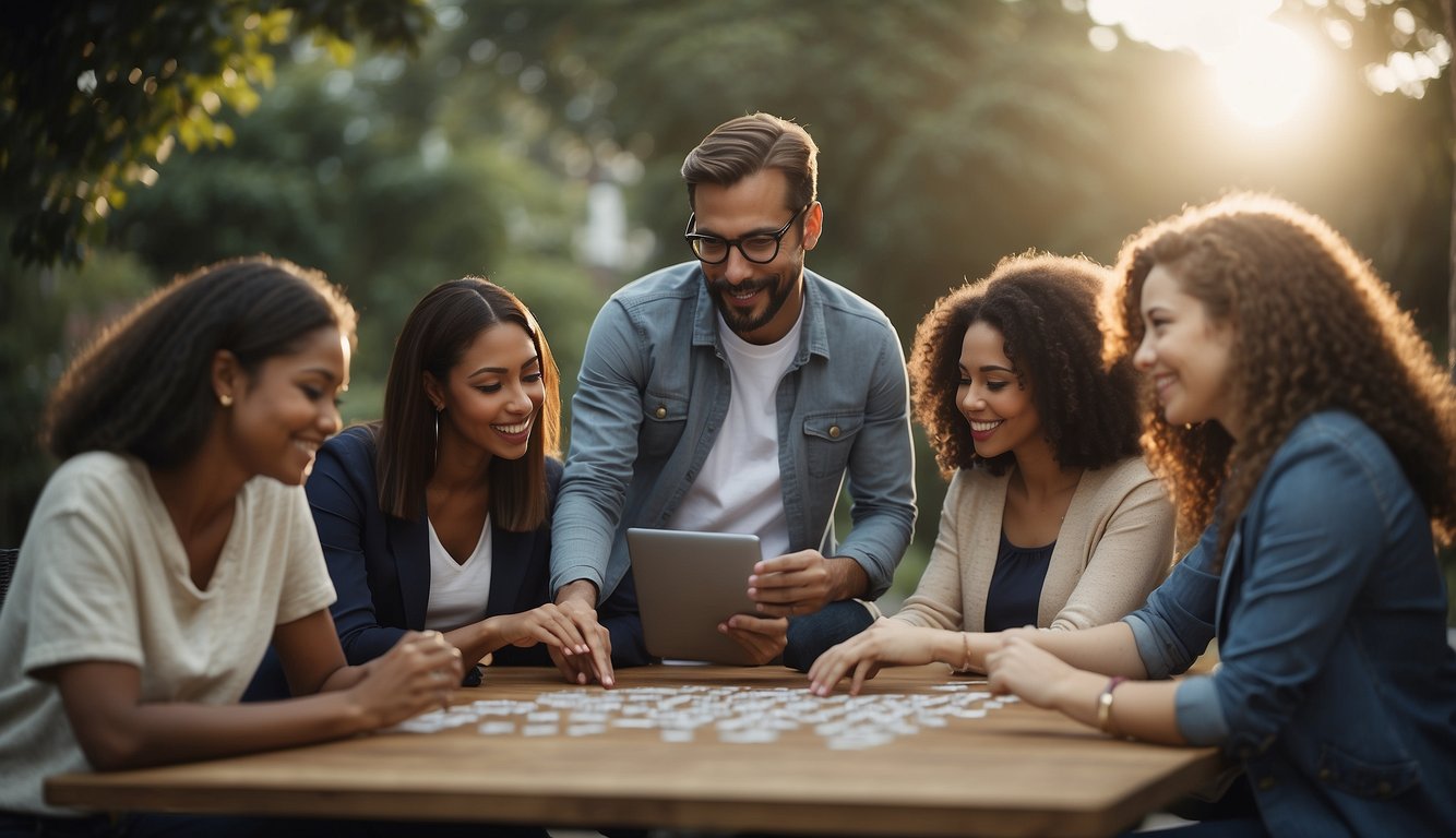 A group of diverse individuals collaborate to solve brain teasers in various settings, such as an office, outdoor team-building course, or virtual meeting