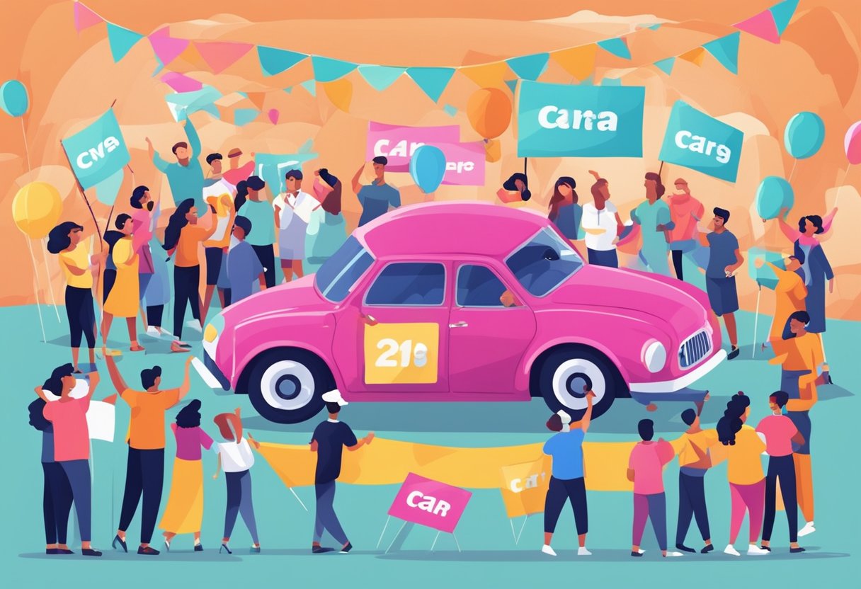 A brightly colored car surrounded by excited people, with banners and signs promoting a car giveaway business. Tables with entry forms and promotional materials
