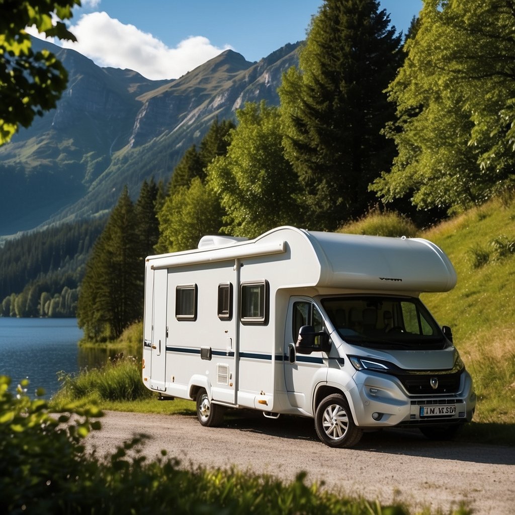 A motorhome parked in a scenic European campsite, surrounded by lush greenery, with a clear blue sky and a serene lake in the background