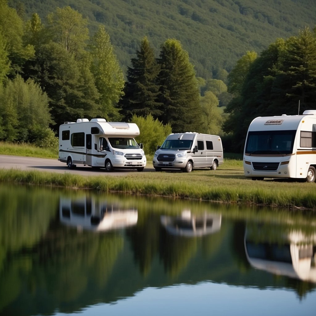 Lush green forests surround a tranquil lake, with colorful motorhomes parked in designated campsites. Nearby, a historic castle stands tall against a backdrop of rolling hills and clear blue skies