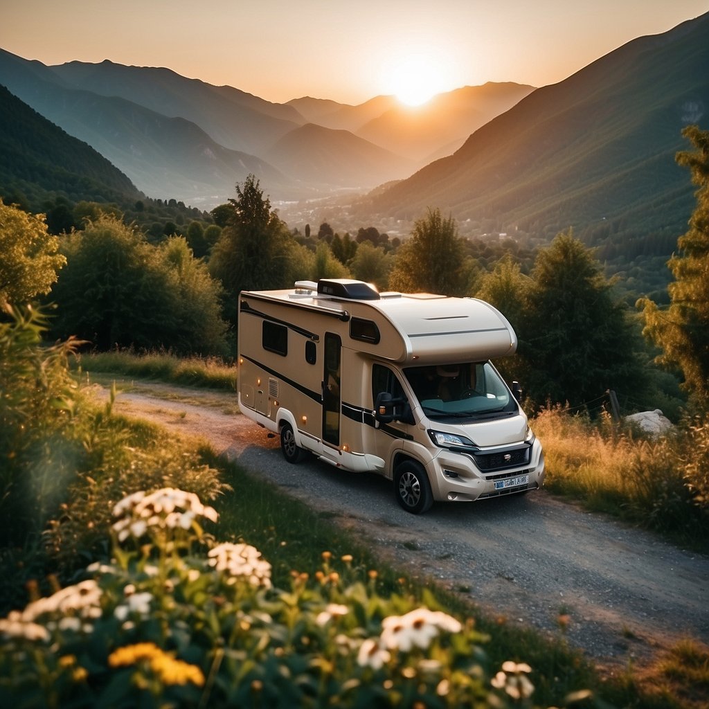 A motorhome parked at a scenic campsite in Europe, surrounded by lush greenery and mountains in the background. The sun is setting, casting a warm glow over the peaceful scene