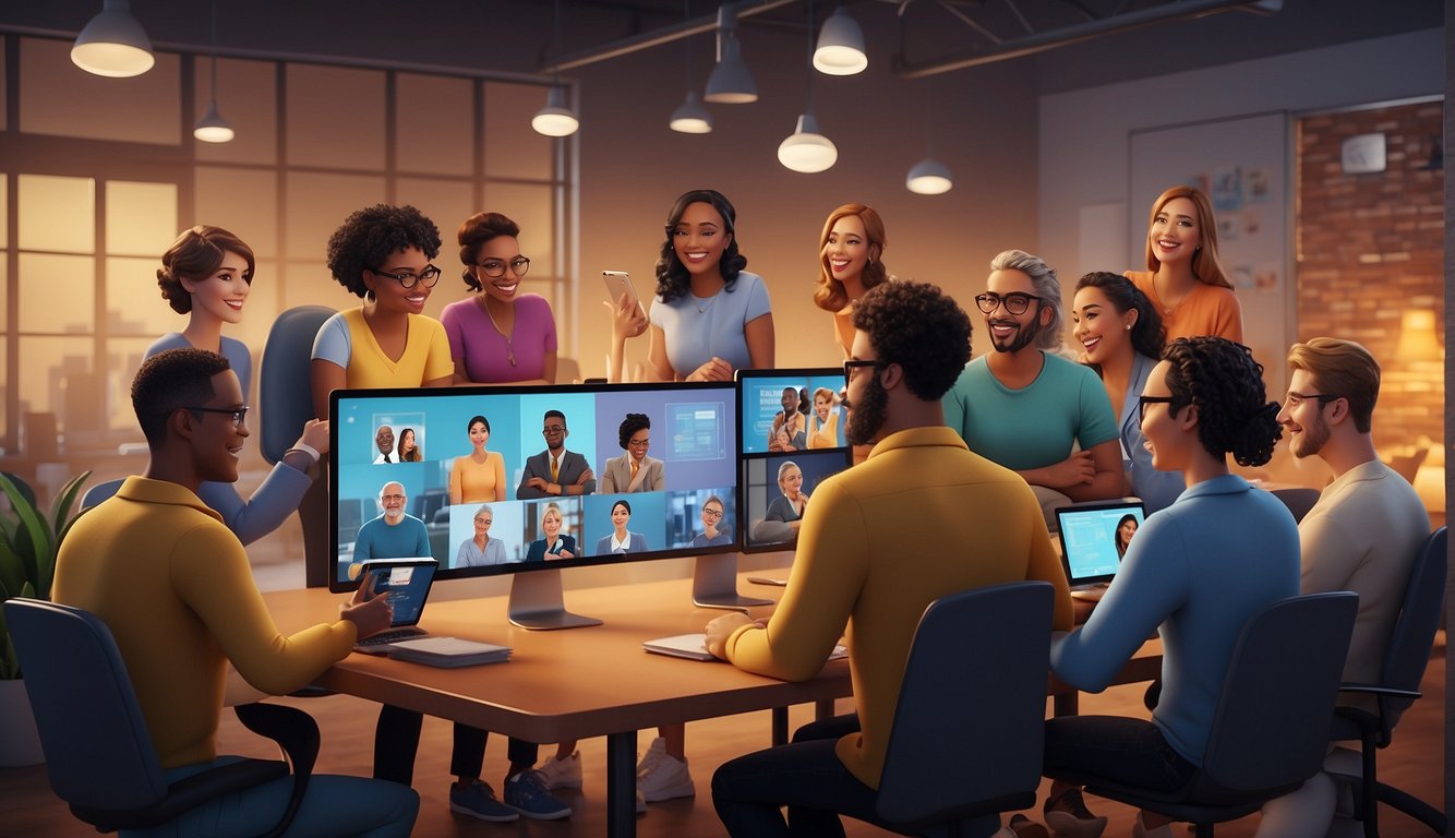 A group of diverse cartoon characters engage in virtual team building activities on a Zoom call, including icebreakers, trivia games, and collaborative challenges