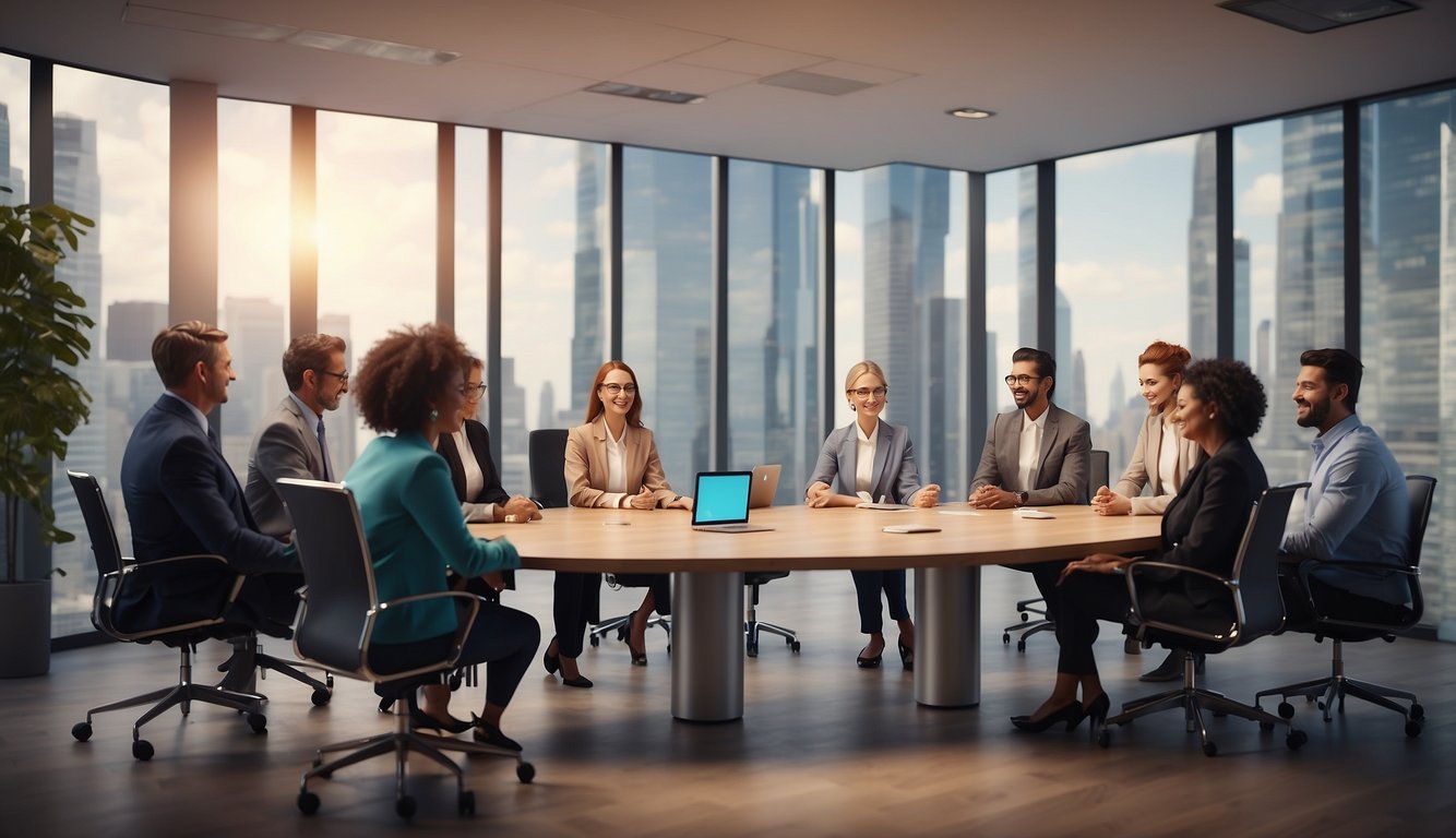 A virtual office setting with a diverse group of cartoonish avatars gathered around a digital conference table, engaging in team building activities through Zoom