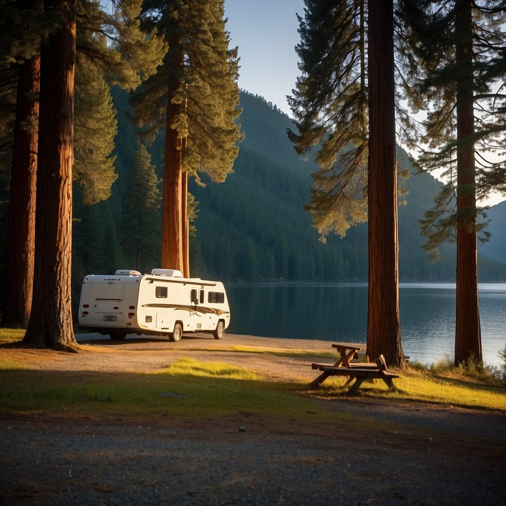 A motorhome parked under towering redwoods, next to a serene lake with a mountain backdrop, at one of the best campsites in the USA