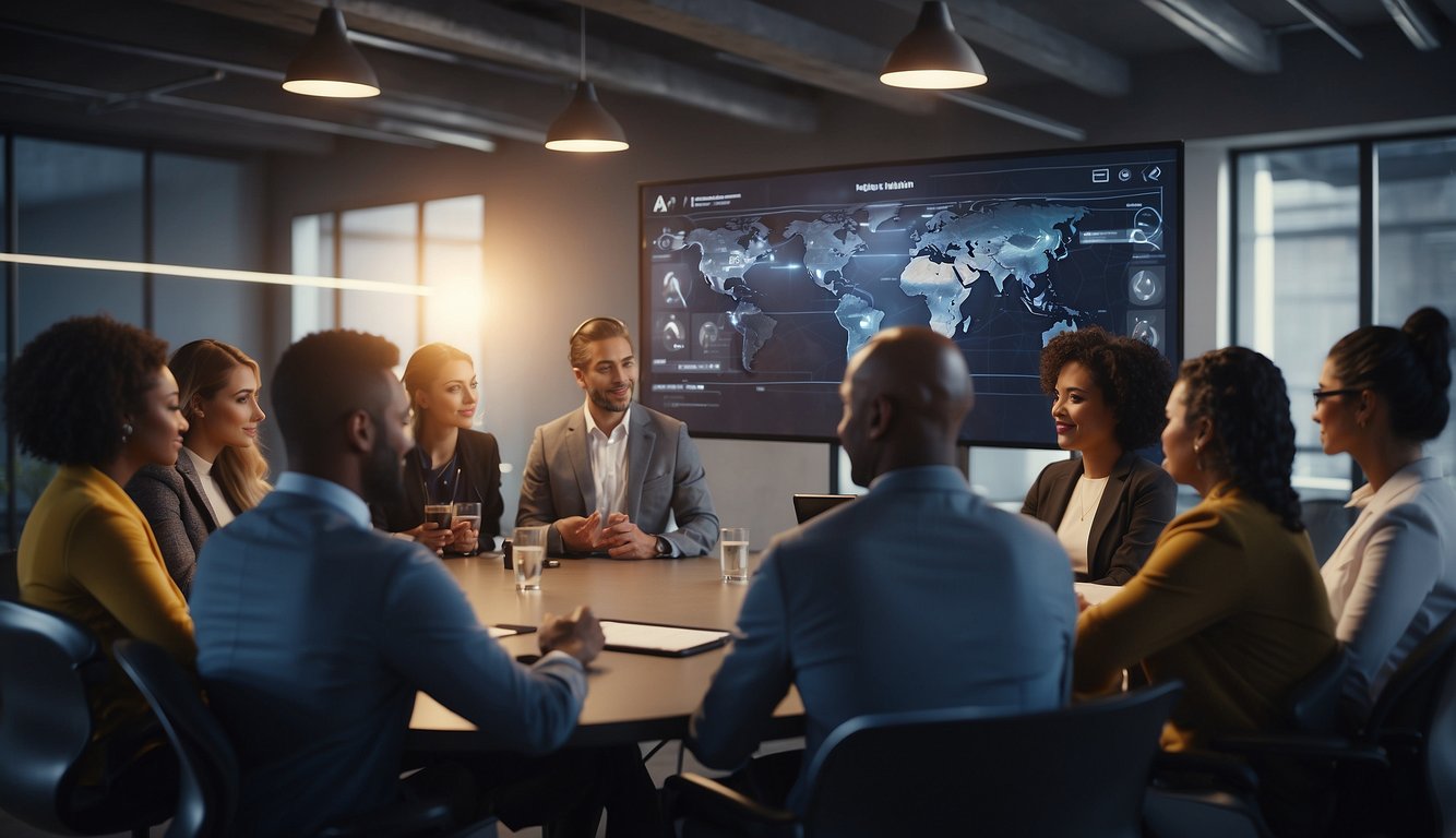 A group of diverse figures gather around a virtual meeting screen, engaged in team-building activities and reflecting on their shared experiences