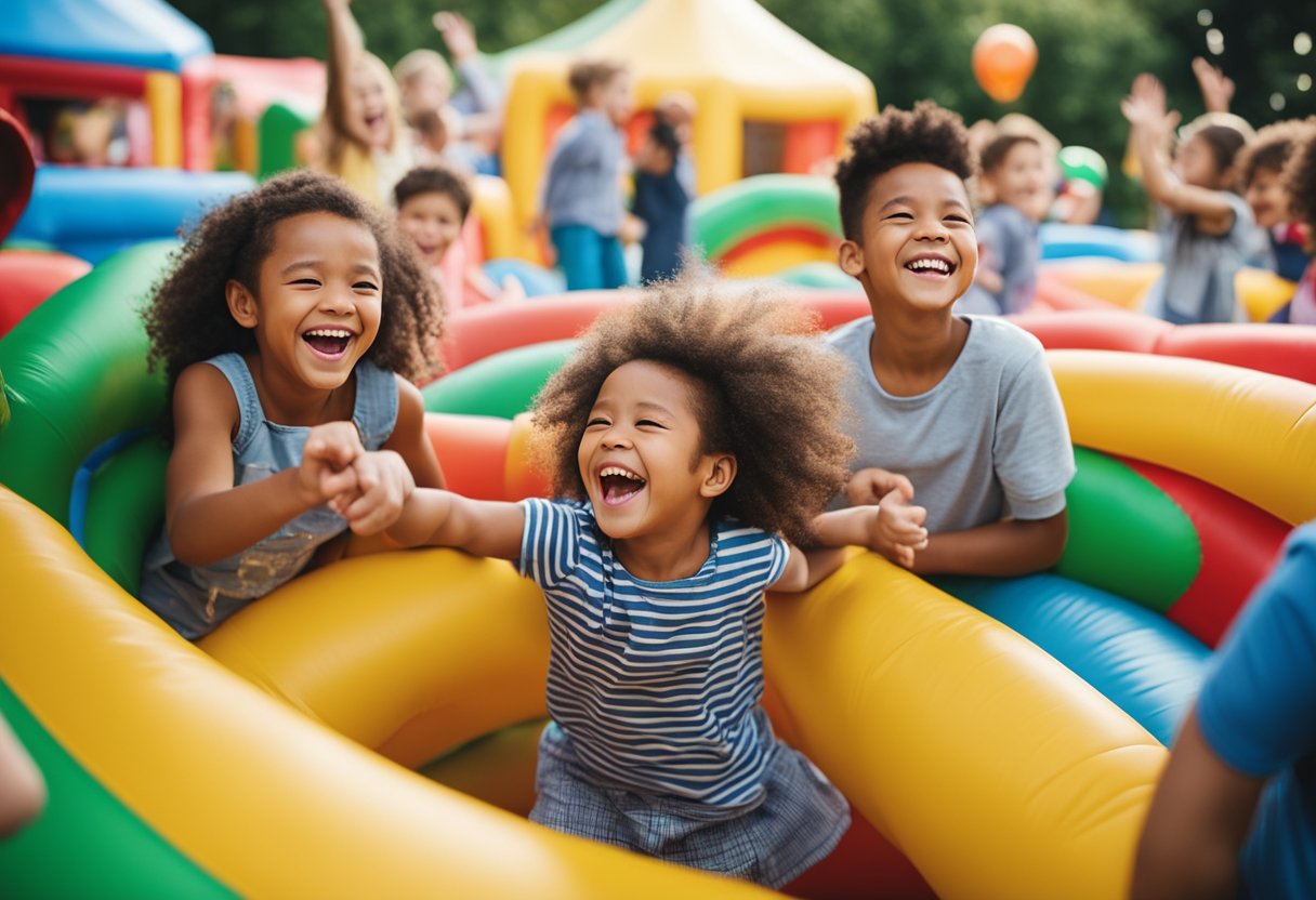 Children laughing and playing inside colorful bounce houses at a lively outdoor event