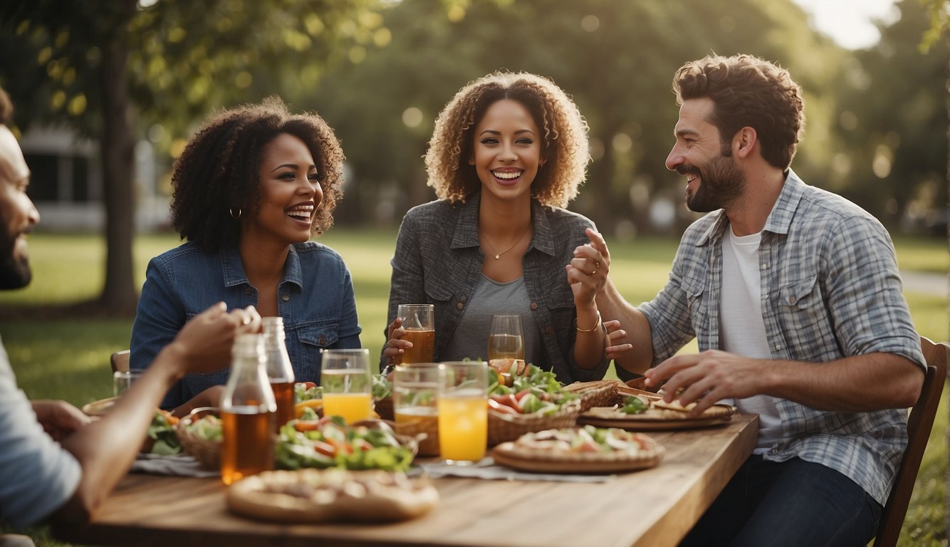 A group of coworkers gather around a picnic table, sharing food and engaging in team-building activities. Laughter and conversation fill the air as they bond over a shared meal