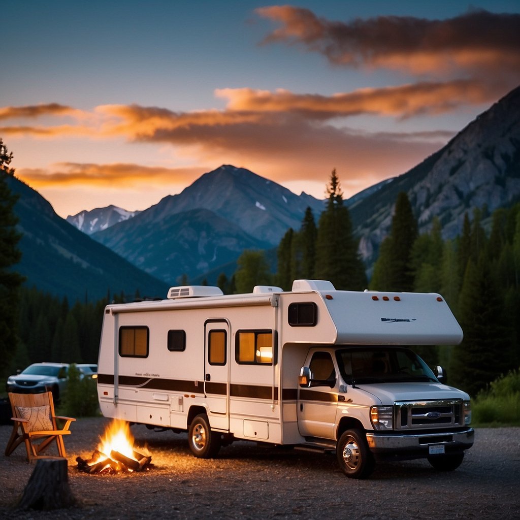An RV parked at a scenic campsite with mountains in the background, a campfire burning, and a family enjoying the outdoors