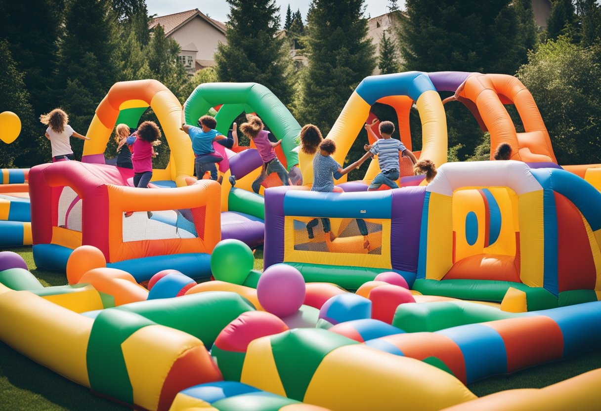Colorful bounce houses fill a backyard, surrounded by excited children playing and jumping. A variety of shapes and sizes create a lively and fun atmosphere for a hobbyist's collection