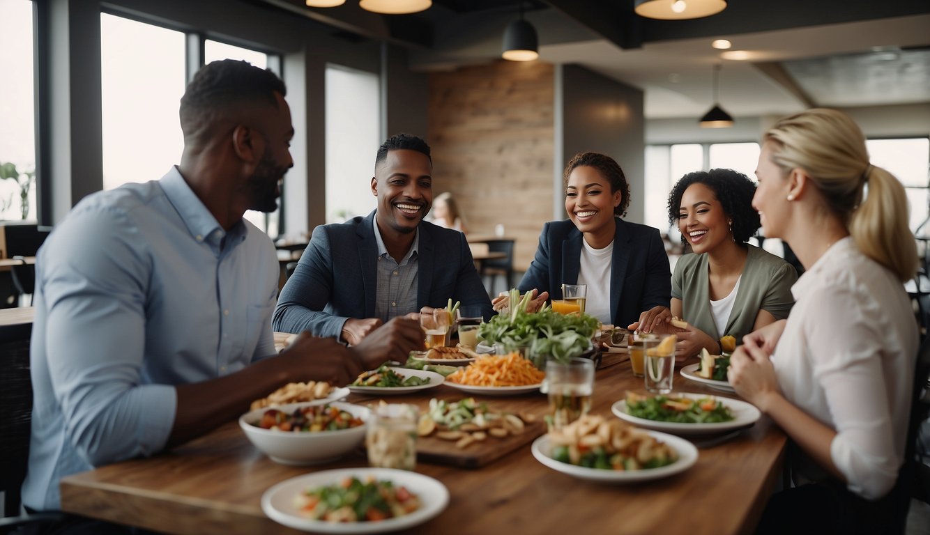 A group of coworkers sit around a table, engaged in lively conversation and laughter, as they enjoy a team building lunch together. The table is filled with a variety of delicious food options, creating a warm and inviting atmosphere