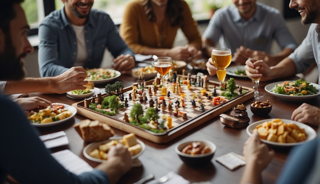 A table set with various team building lunch activities, such as board games and collaborative projects, surrounded by remote team members engaging and interacting with each other