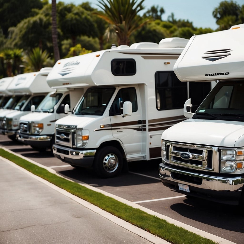 A row of high-end motorhomes parked at a resort with lush landscaping, spacious paved lots, and amenities like swimming pools and outdoor lounging areas