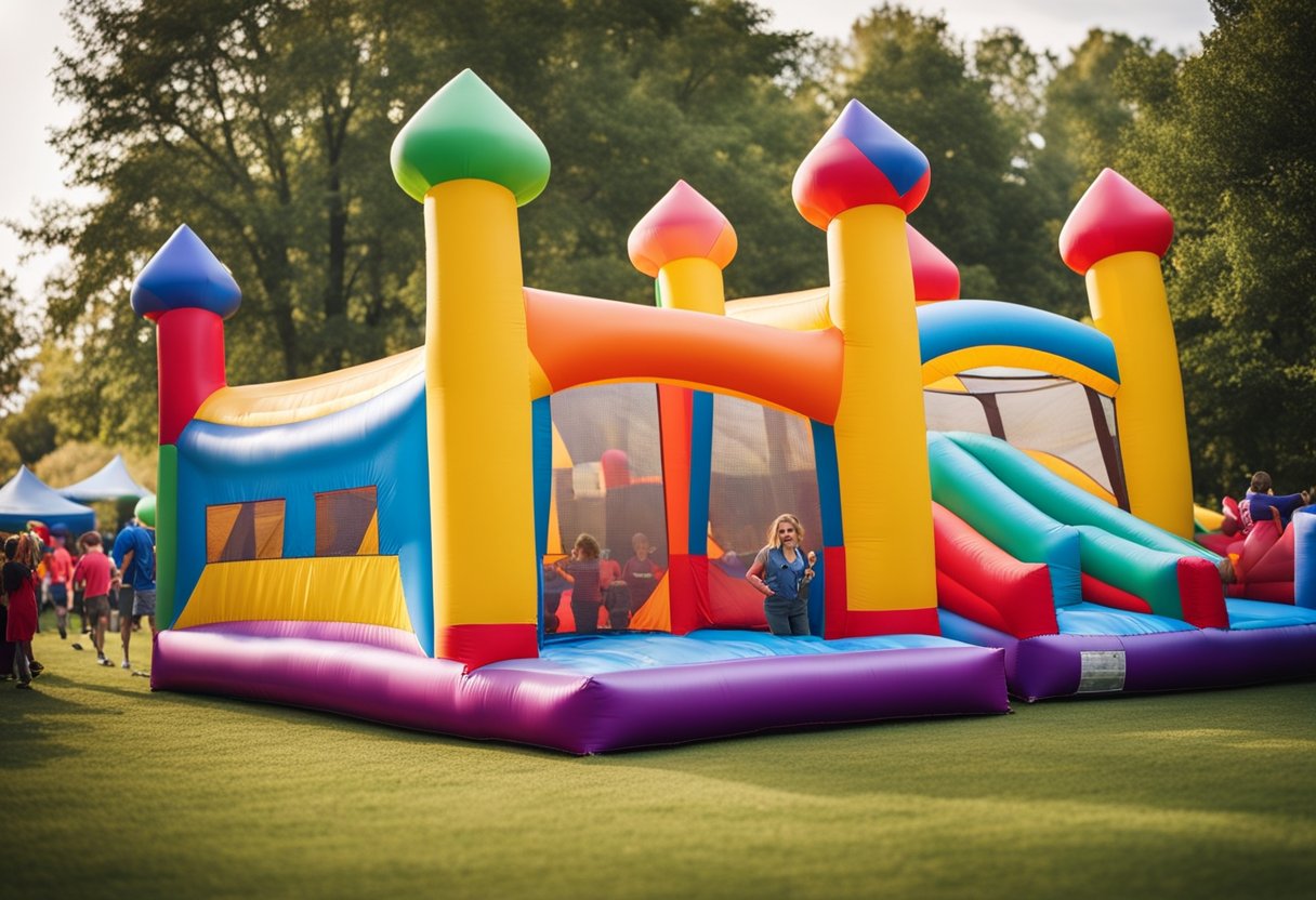 Colorful bounce houses fill a lively event space, surrounded by excited children and families. The sun shines overhead, casting a warm glow on the inflatable structures