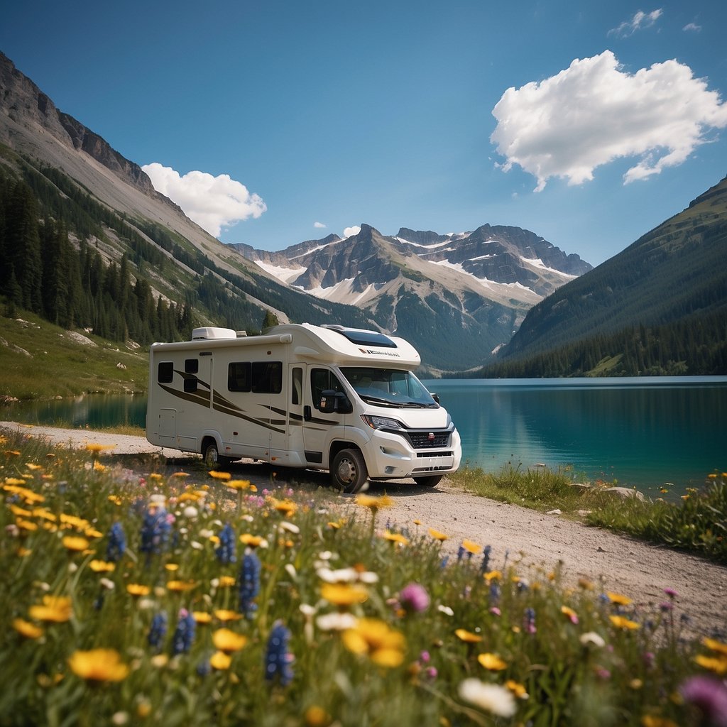 A motorhome parked by a serene lake, with a backdrop of towering mountains and a clear blue sky, surrounded by lush greenery and colorful wildflowers