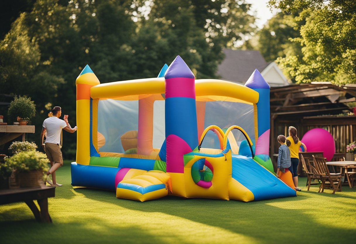 A person buying a bounce house at a store, carrying it home, and setting it up in their backyard for their enjoyment as a hobby