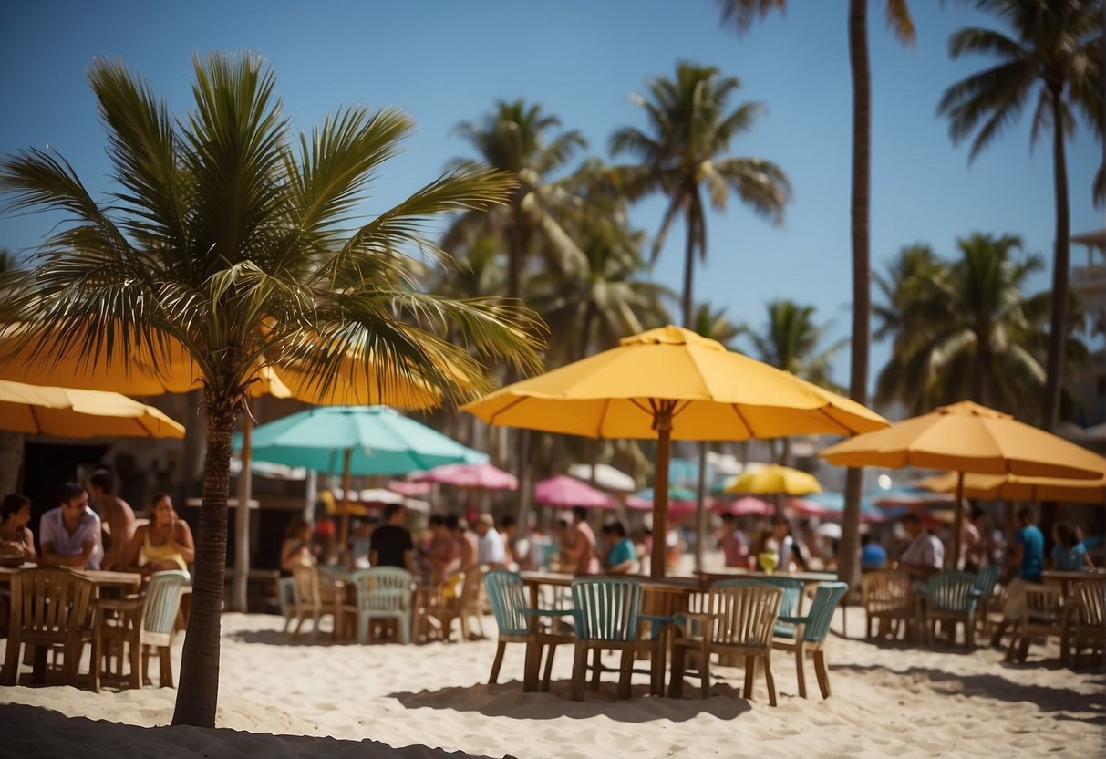 palm trees sway in the warm breeze as colorful umbrellas dot the sandy shore