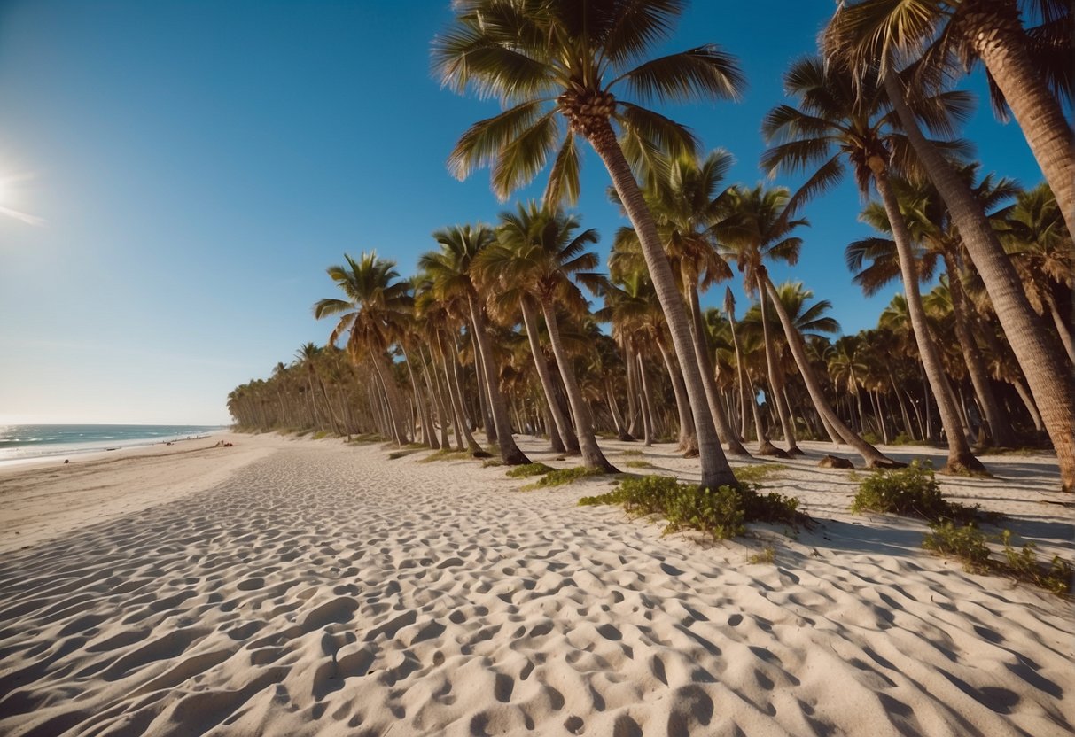 a sunny florida beach in february with clear blue skies gentle waves, and palm trees swaying in the breeze