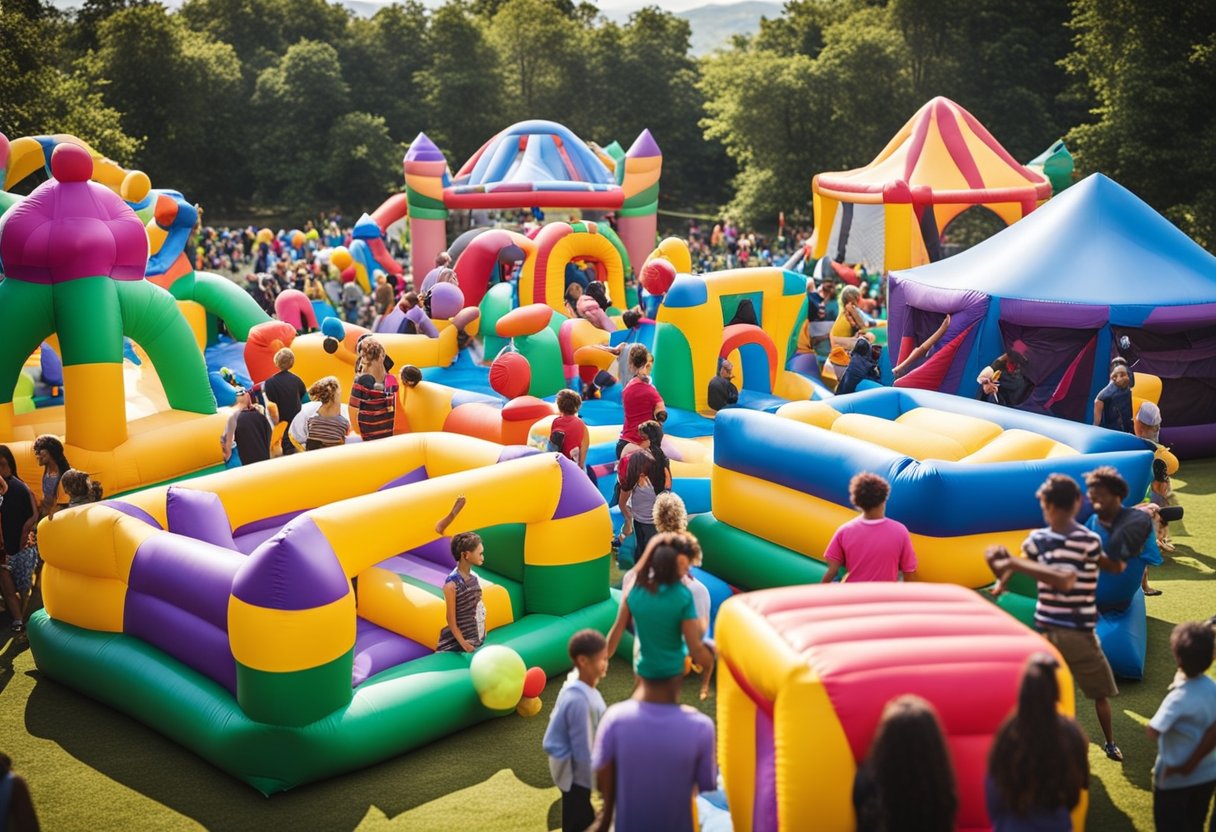 A lively community gathers around colorful bounce houses, enjoying them as a hobby. Tables display resources for setting up and maintaining the inflatable structures