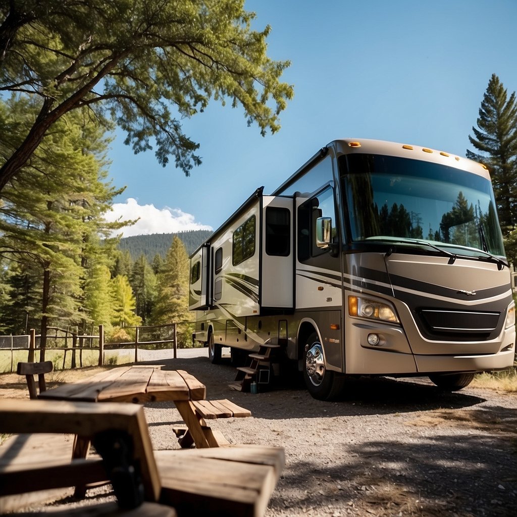 A serene campground nestled in a lush forest, with spacious RV sites, modern amenities, and stunning views of the surrounding natural beauty