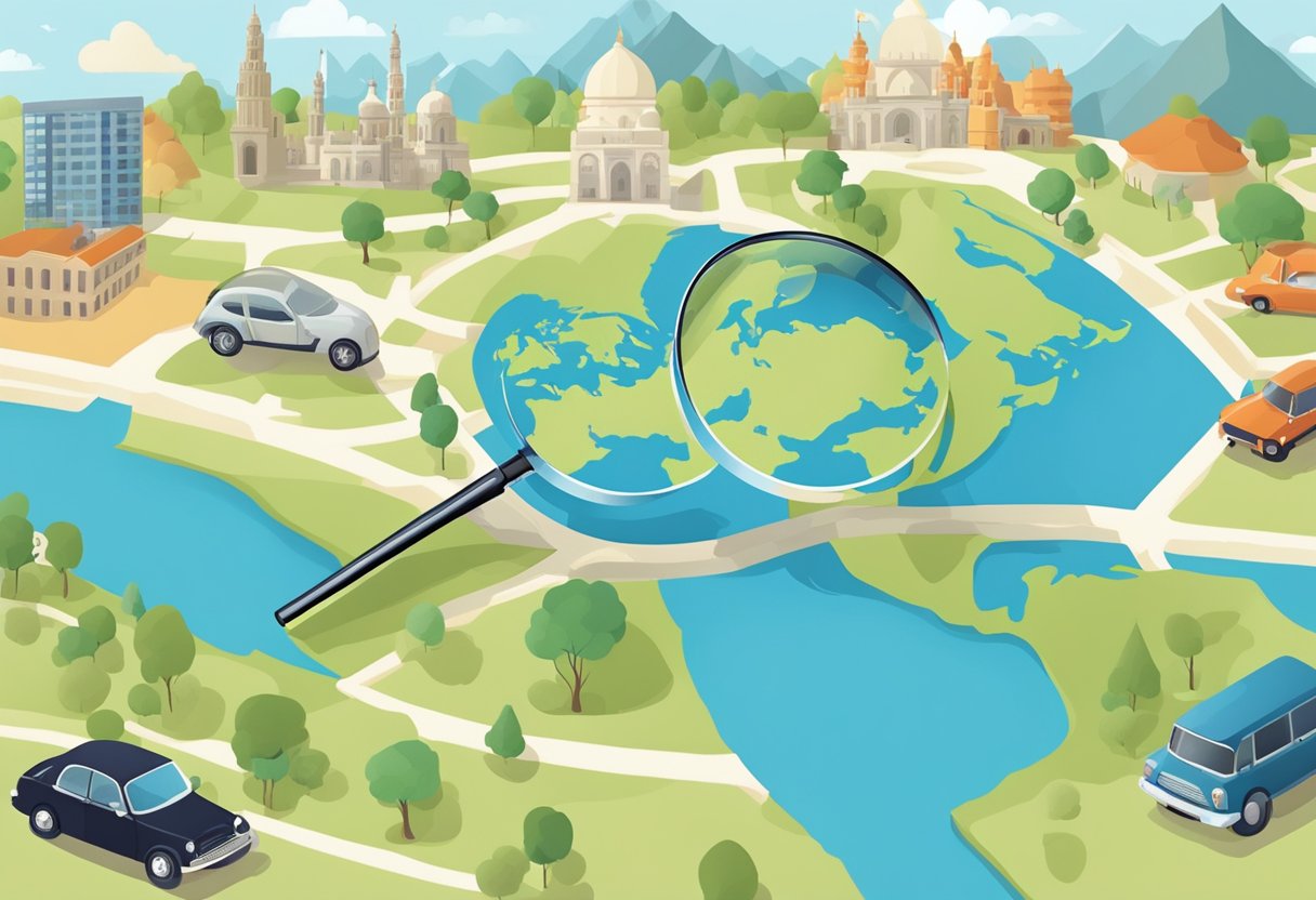 A map with a magnifying glass hovering over a local area, surrounded by global landmarks and cars