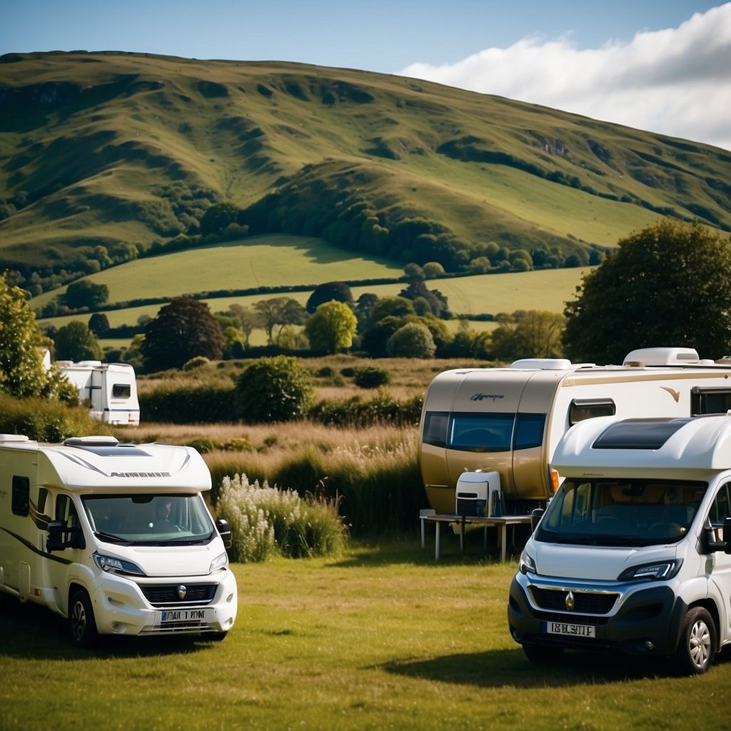 Motorhome parked at scenic UK campsite with rolling hills, lush greenery, and clear blue sky. Nearby amenities and cozy campfire area