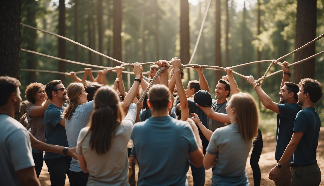A large group of people engage in a team building activity, such as a ropes course or group problem-solving exercise, to build trust and collaboration