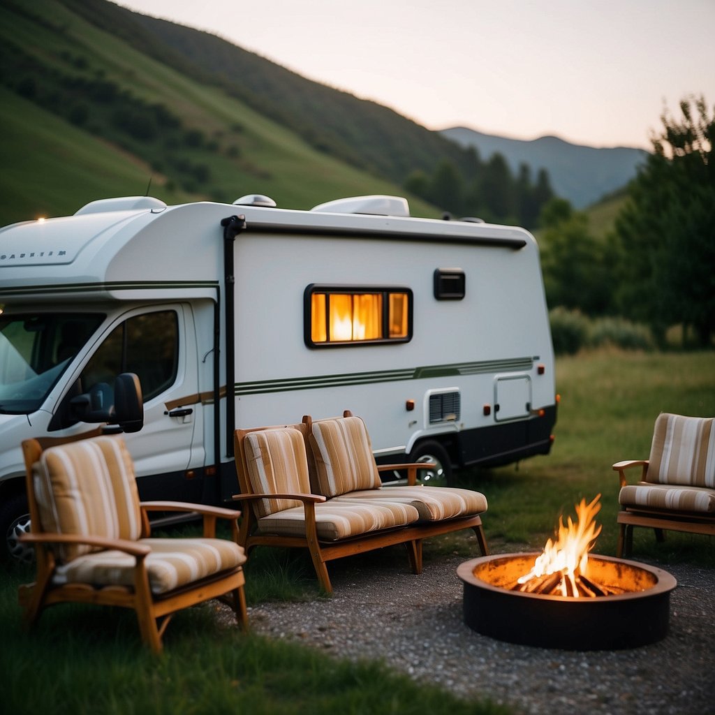 A motorhome parked at a scenic campsite with a campfire, outdoor chairs, and a BBQ grill. Lush greenery and rolling hills in the background