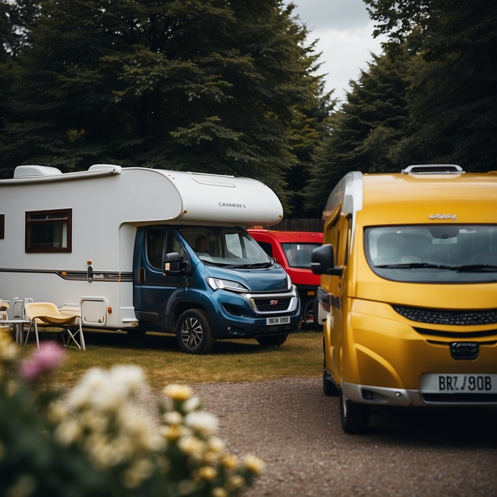 A bustling motorhome campsite in the UK, with colorful vehicles parked in designated spots, families enjoying outdoor activities, and a sense of community spirit