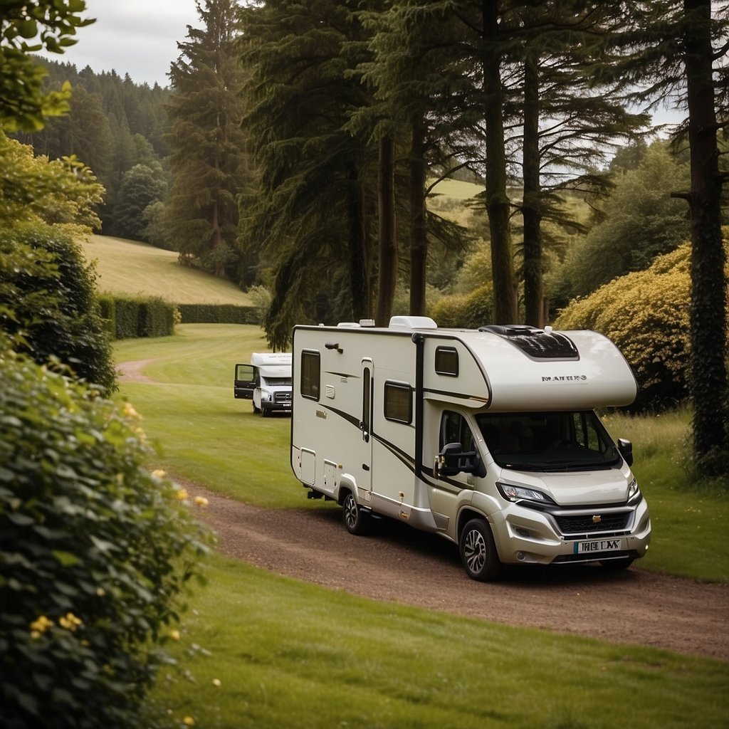 A serene campsite with motorhomes nestled in lush greenery, with clear signage indicating "Frequently Asked Questions: Best Motorhome Campsites in the UK"