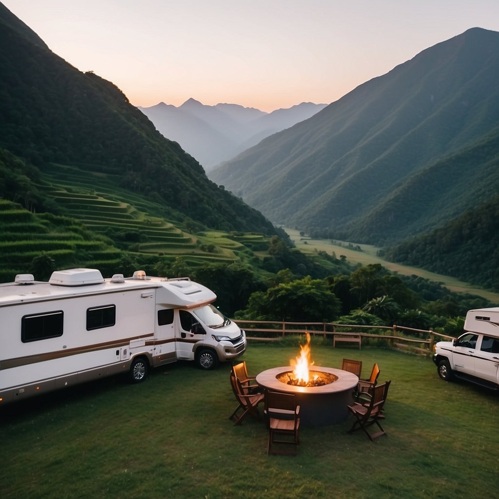 A serene motorhome campsite nestled in the lush green mountains of Asia, with spacious parking spots, cozy campfire areas, and stunning views of the surrounding nature