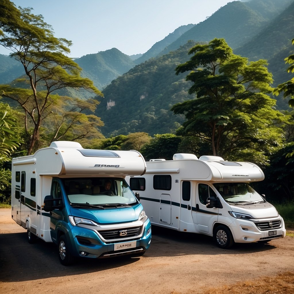 Motorhomes parked at scenic campsites in Asia, surrounded by lush greenery and mountains. Clear blue skies and peaceful atmosphere