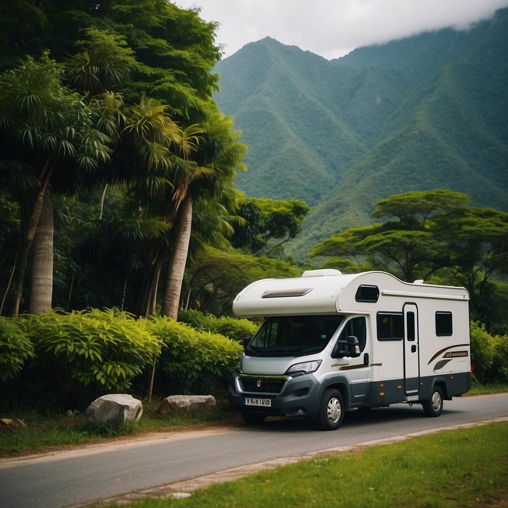 A motorhome parked at a scenic campsite in Asia, surrounded by lush greenery and mountains, with clear road signs and safety barriers